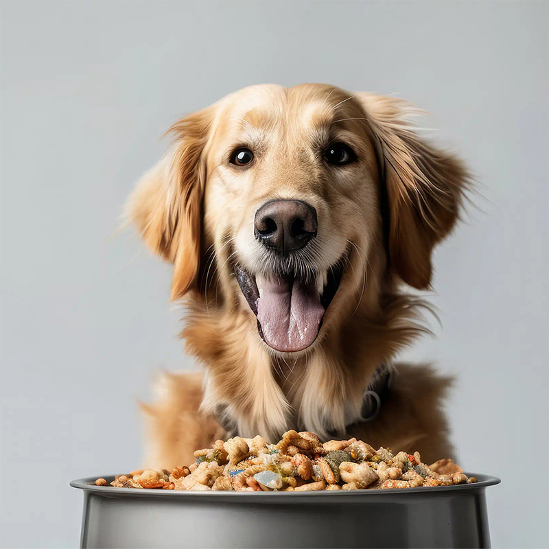 a cute dog sitting in front of a bowl of food